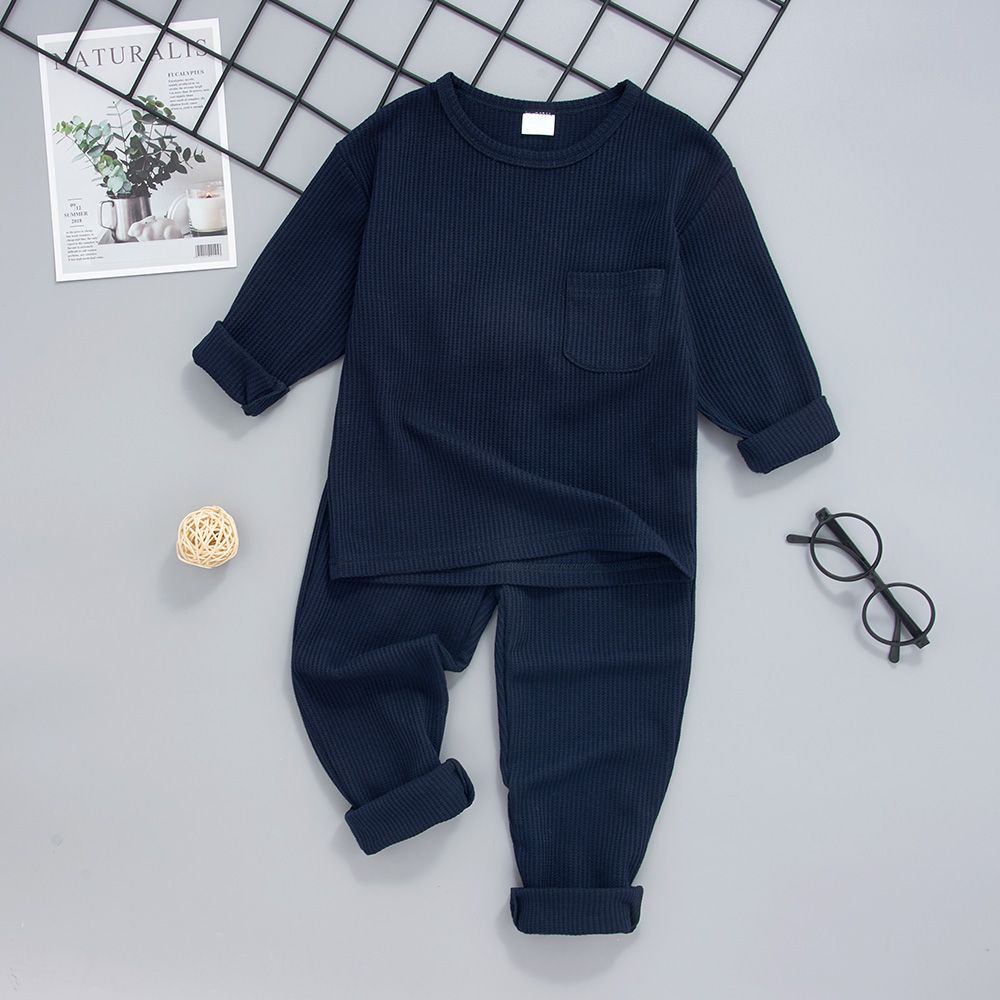 

2-piece Toddler Boy/Girl Round-collar Long-sleeve Ribbed Solid Top with Pocket and Elasticized Pants Casual Set