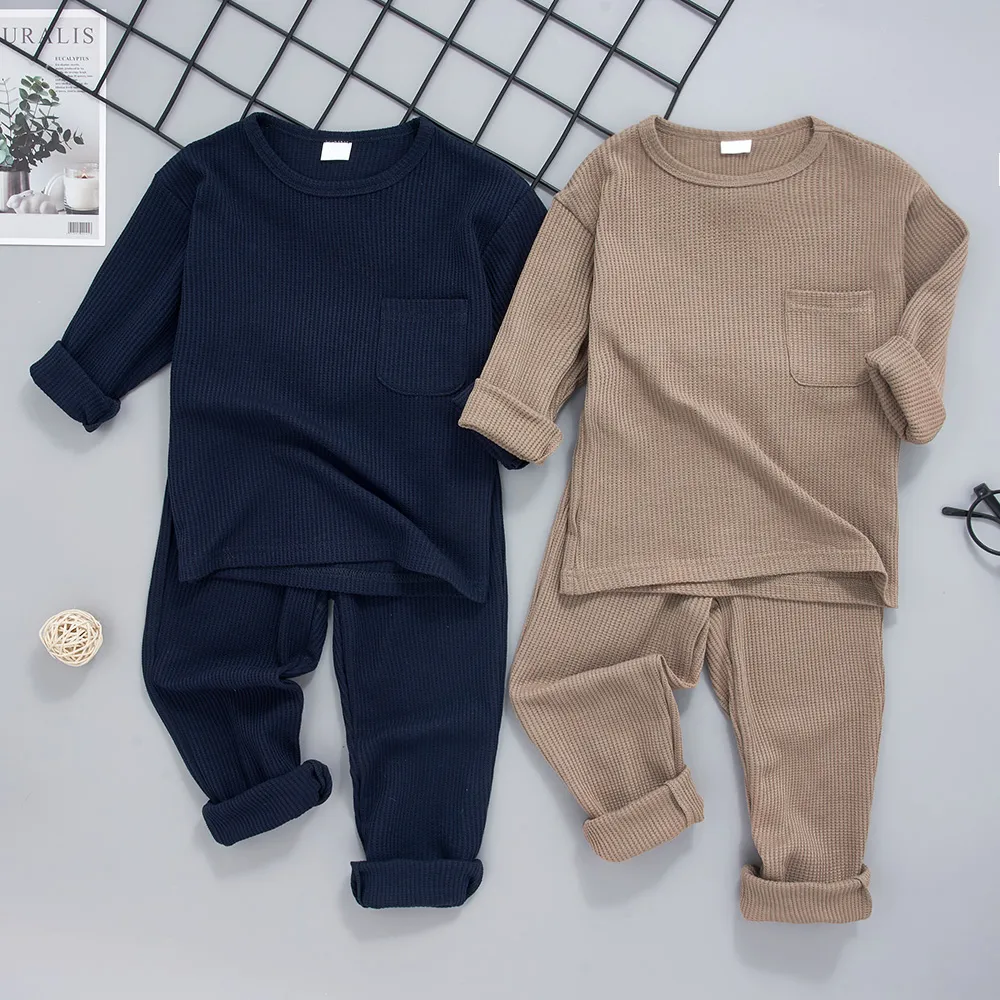 2-piece Toddler Boy/Girl Round-collar Long-sleeve Ribbed Solid Top with Pocket and Elasticized Pants Casual Set Dark Blue big image 1