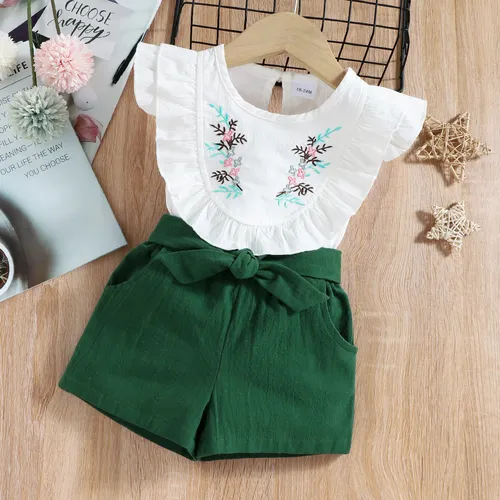 2-piece Baby / Toddler Girl Pretty Floral Embroidery Top and Solid Shorts Sets