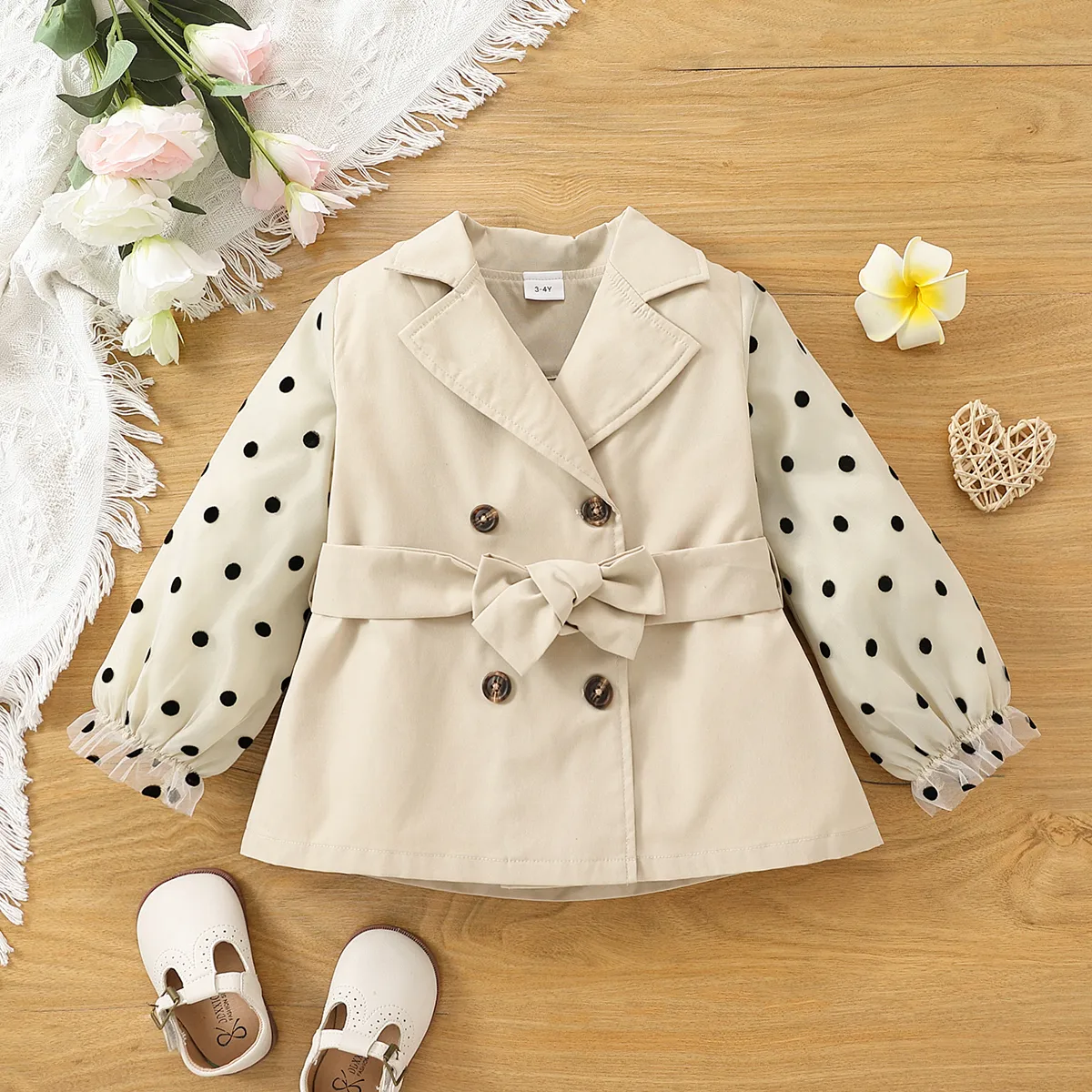 

Toddler Girl Polka dots Mesh Design Notched Collar Double Breasted Khaki Trench Coats