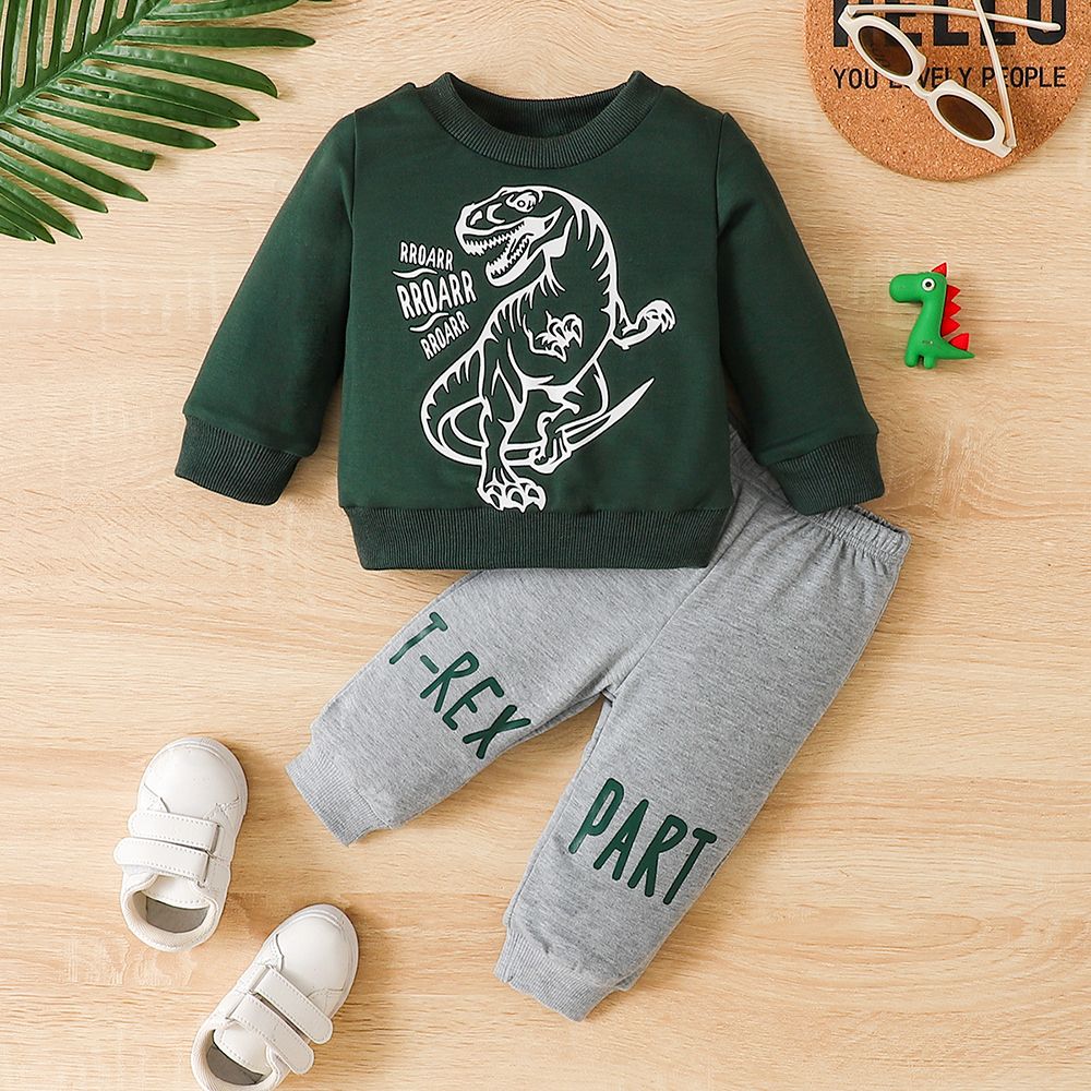 

2pcs Baby Boy Dinosaur & Letter Print Long-sleeve Sweatshirt and Sweatpants Set