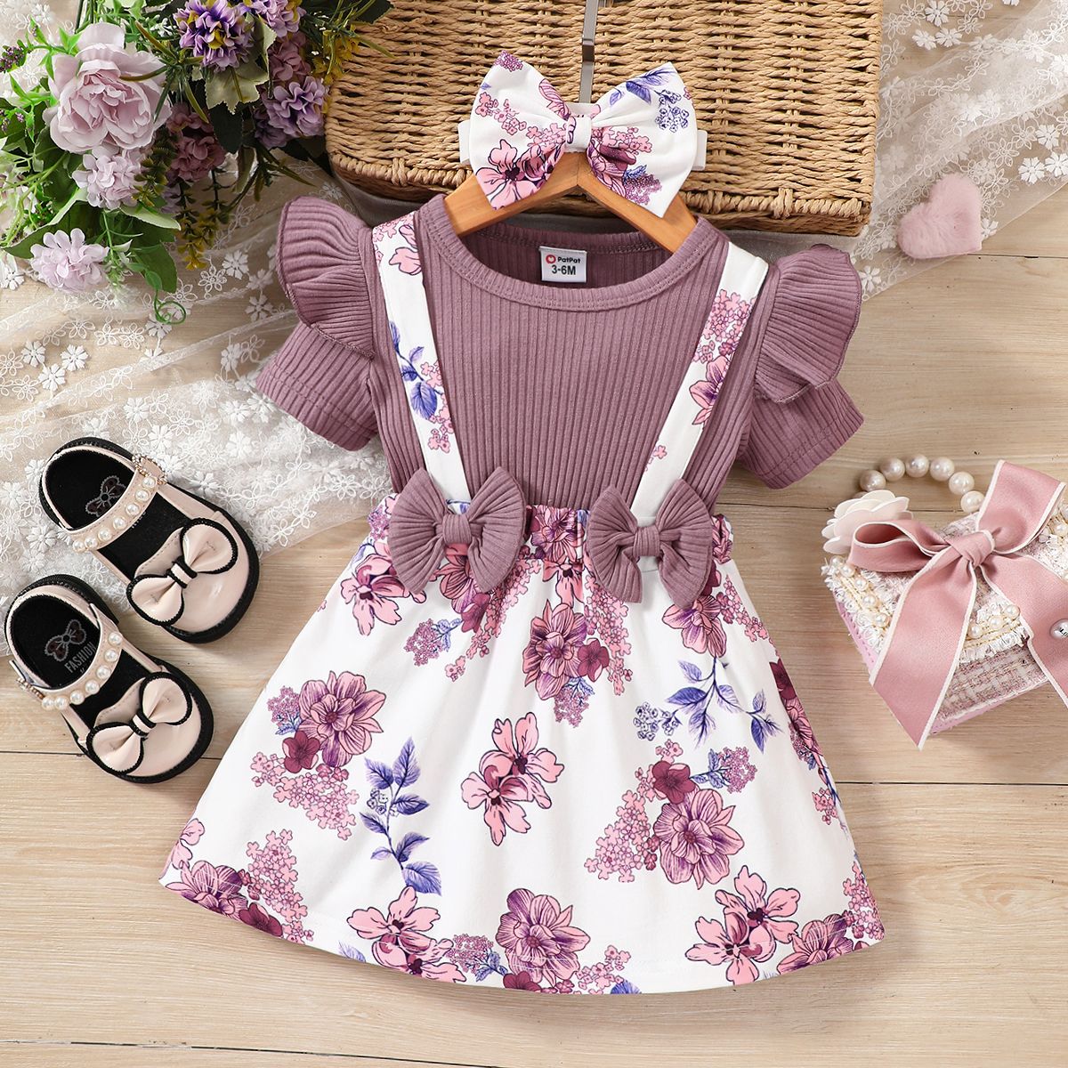 2pcs Baby Girl 95% Cotton Ruffled Bow Front Faux-two Short-sleeve Floral Print Dress & Headband Set