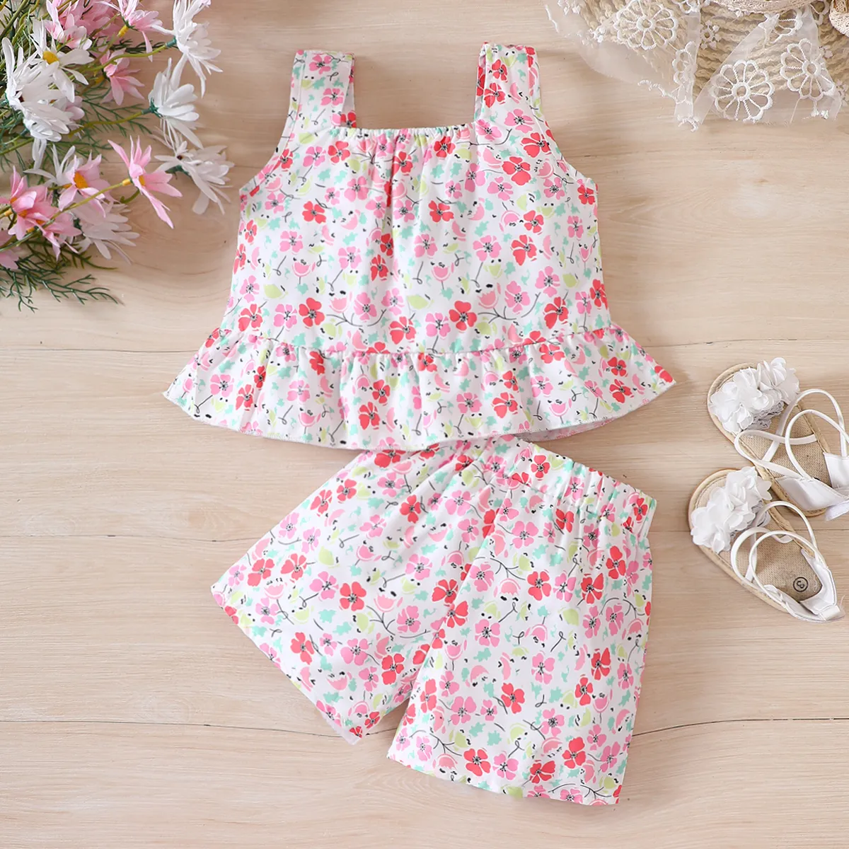 2pcs Toddler Girl Allover Floral Print Sunflower Decor Tank Top and Shorts Set  Pink image 2