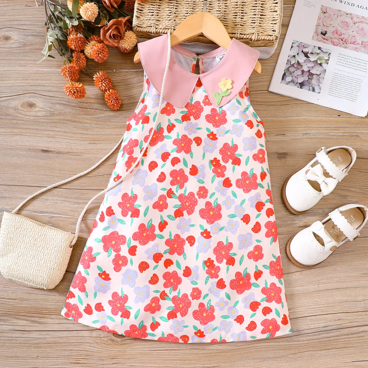 Toddler Girl Allover Floral Print Lapel Collar Tank Dress Pink big image 1