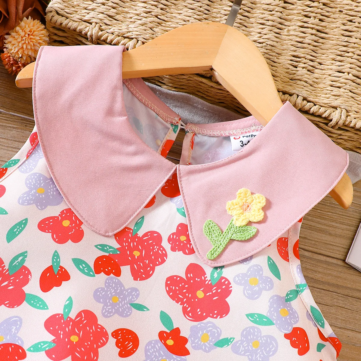 Toddler Girl Allover Floral Print Lapel Collar Tank Dress  Pink image 3