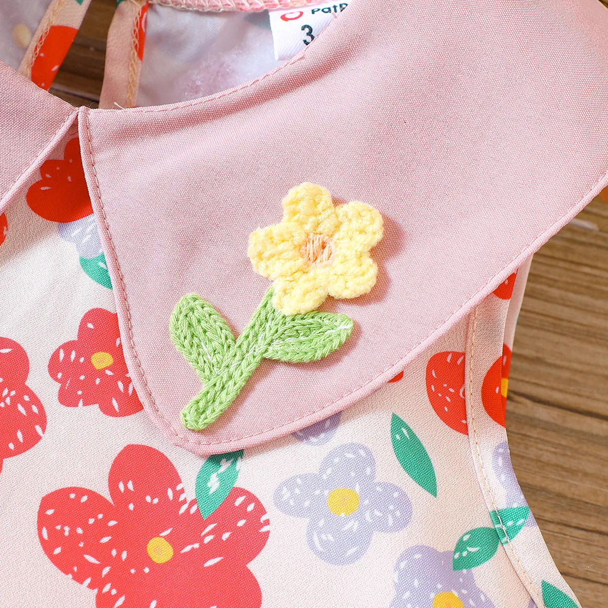 Toddler Girl Allover Floral Print Lapel Collar Tank Dress  Pink image 4
