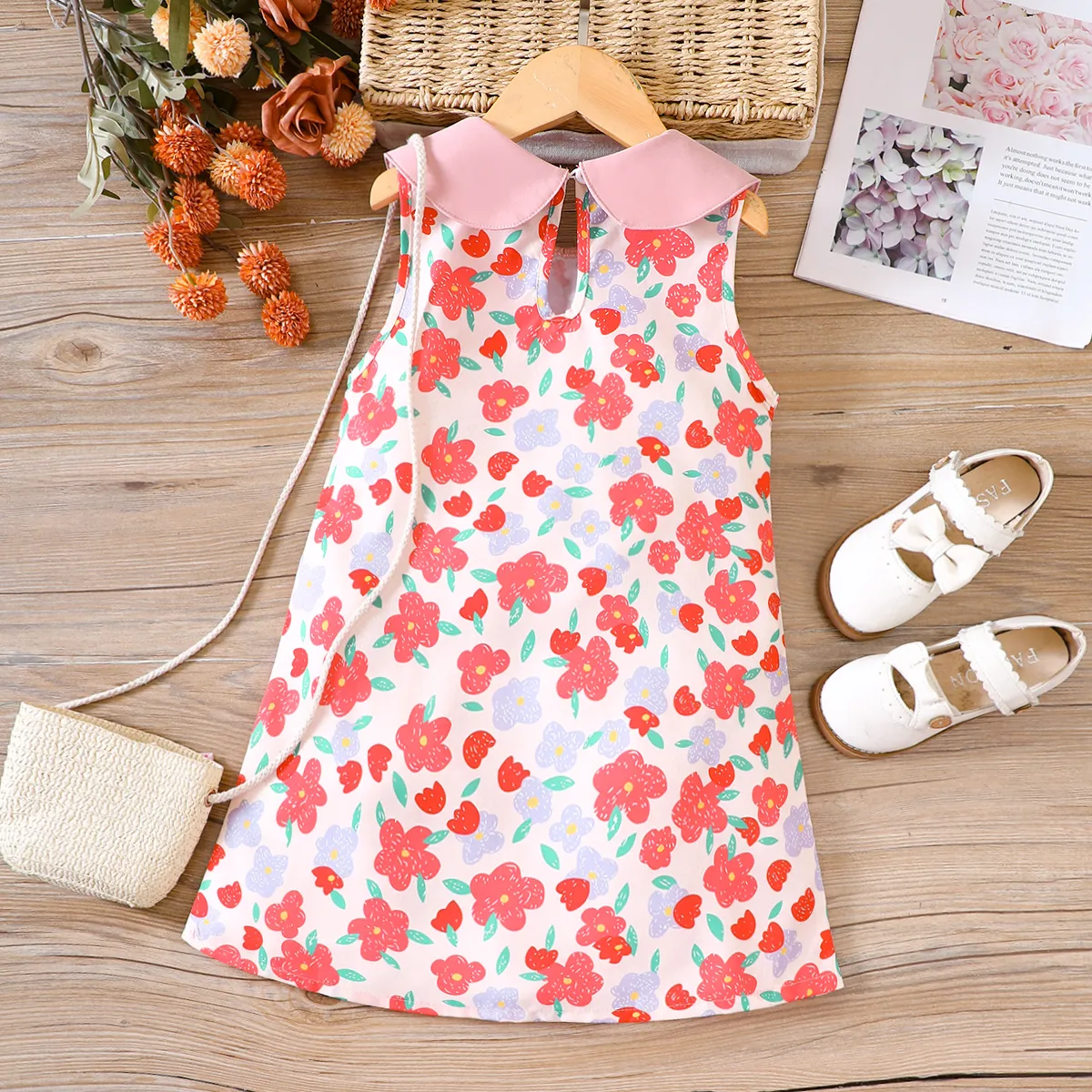 Toddler Girl Allover Floral Print Lapel Collar Tank Dress  Pink image 2