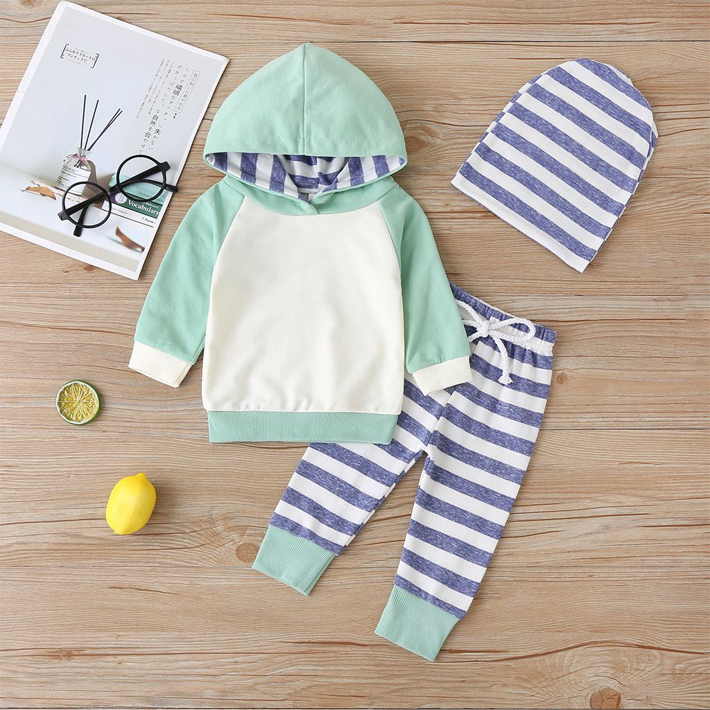 

3pcs Striped Color Blocked Hooded Long-sleeve Baby Set