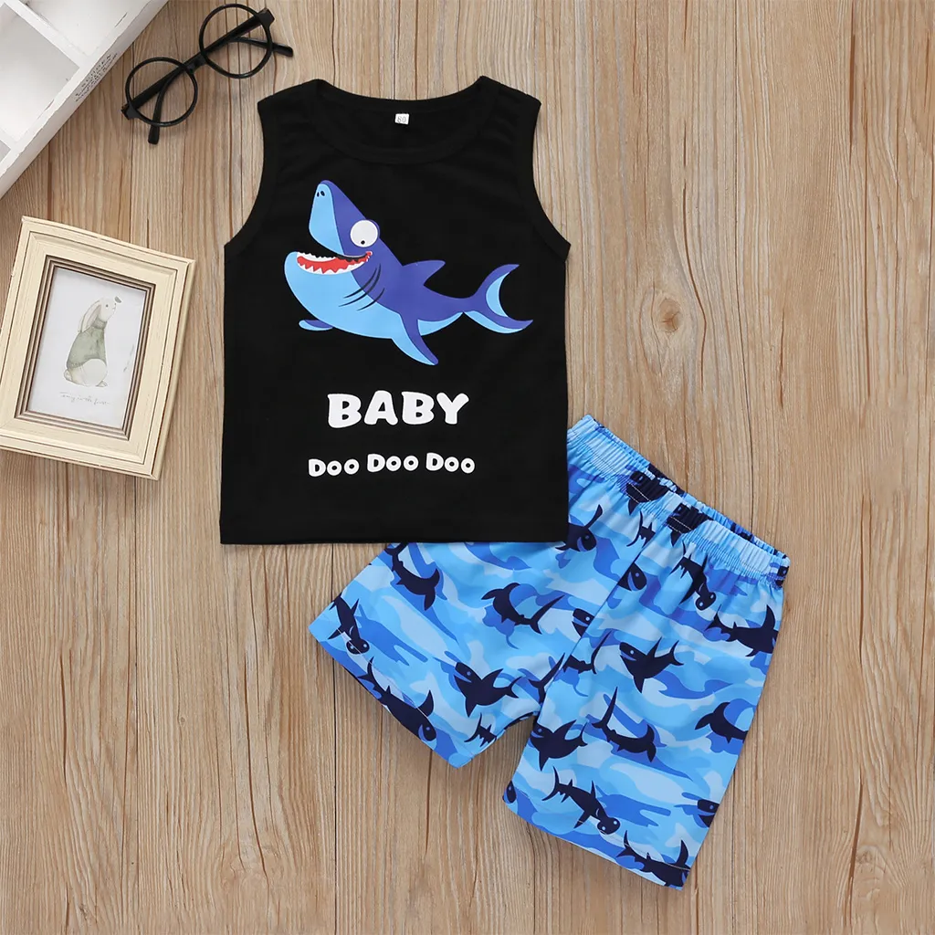 Baby / Toddler Cartoon Shark Print Tank and Shorts Set Black big image 1