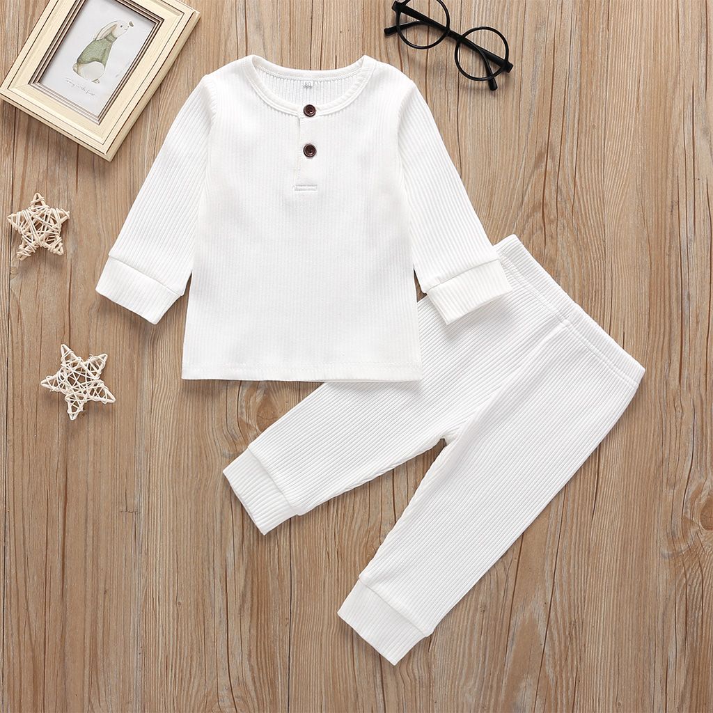 2pcs Baby Boy/Girl 95% Cotton Ribbed Long-sleeve Button Up Top And Pants Set