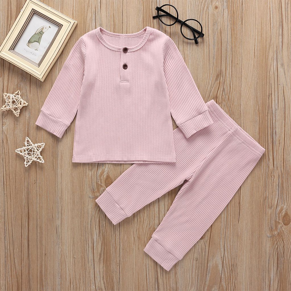 2pcs Baby Boy/Girl 95% Cotton Ribbed Long-sleeve Button Up Top And Pants Set