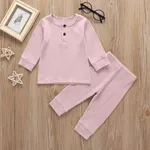 2pcs Baby Boy/Girl 95% Cotton Ribbed Long-sleeve Button Up Top and Pants Set Pink