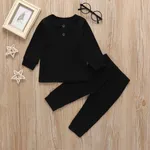 2pcs Baby Boy/Girl 95% Cotton Ribbed Long-sleeve Button Up Top and Pants Set Black