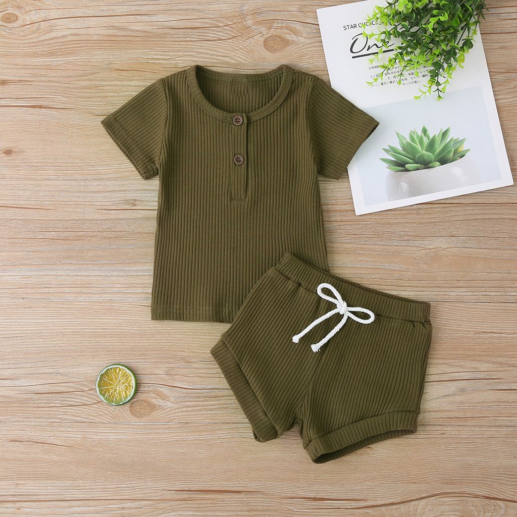 2pcs Baby Boy/Girl 95% Cotton Ribbed Short-sleeve Button Up Top And Shorts Set