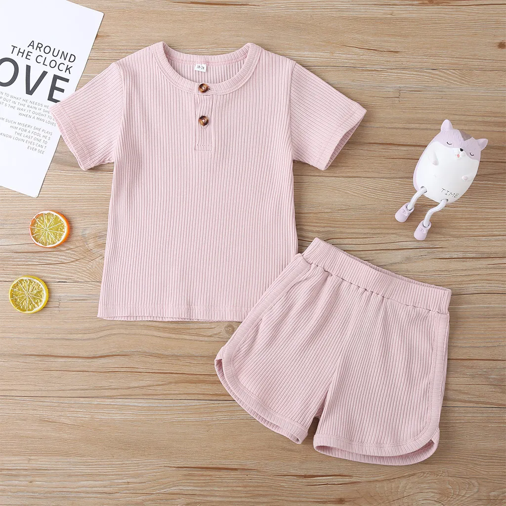 Baby / Toddler Casual Basic Solid Tee and Shorts Set Pink big image 1