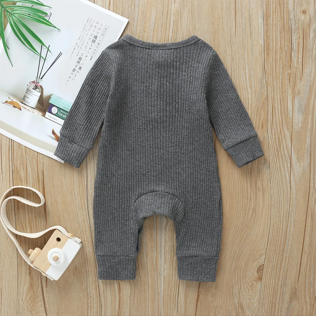 Baby Boy/Girl 95% Cotton Ribbed Long-sleeve Button Up Jumpsuit Dark Grey big image 1