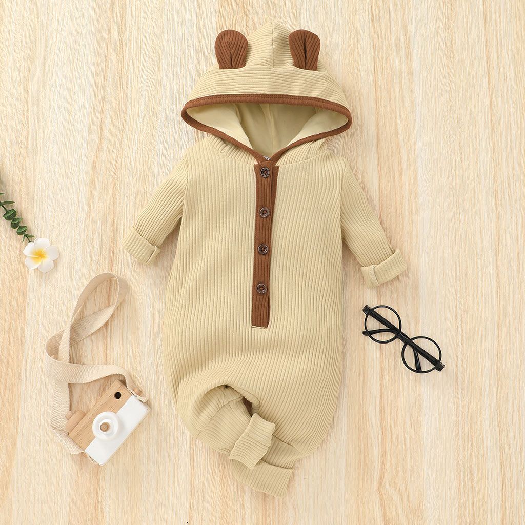 Ribbed Solid Hooded 3D Ear Long-sleeve Baby Jumpsuit