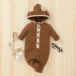 Ribbed Solid Hooded 3D Ear Long-sleeve Baby Jumpsuit Cameo brown
