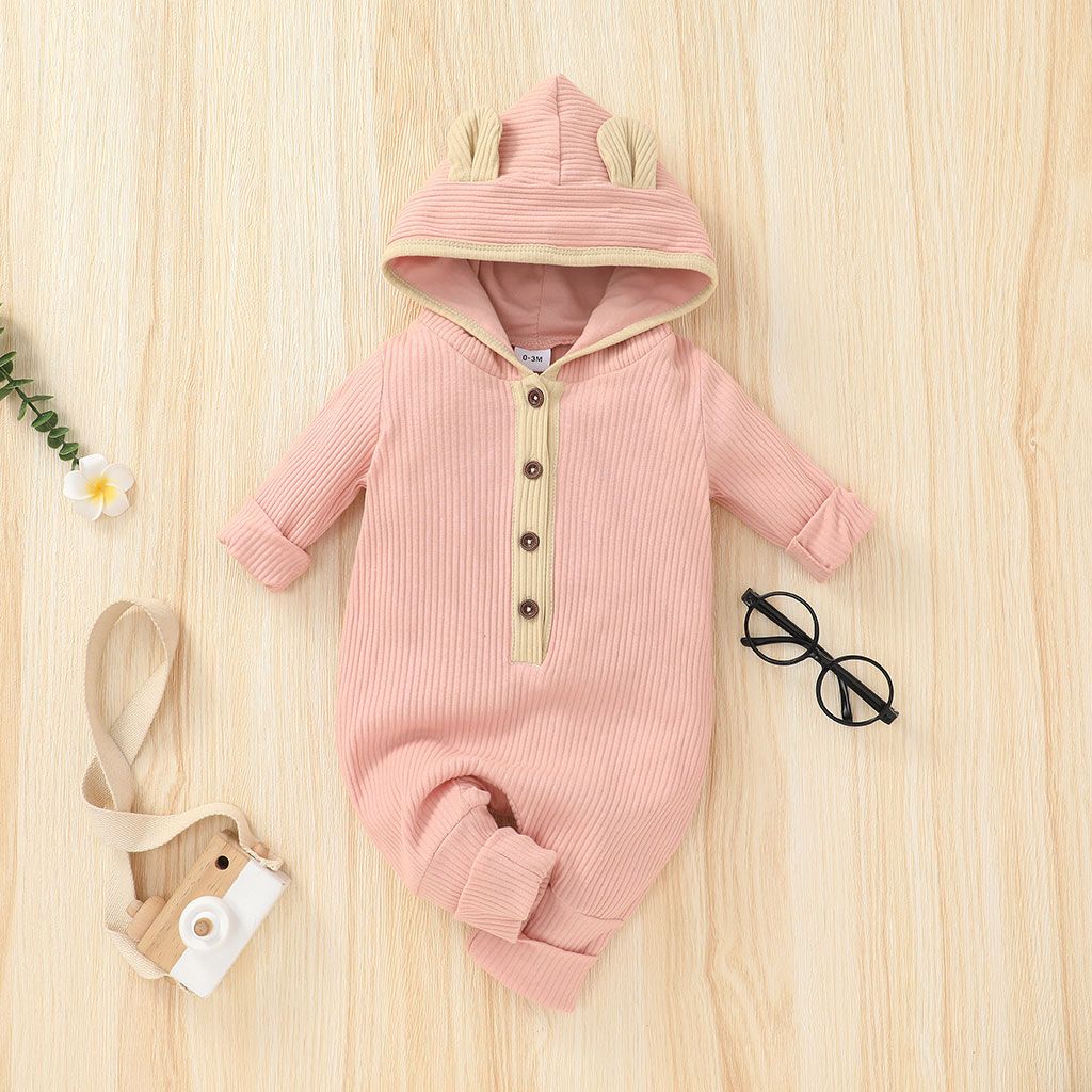 Ribbed Solid Hooded 3D Ear Long-sleeve Baby Jumpsuit