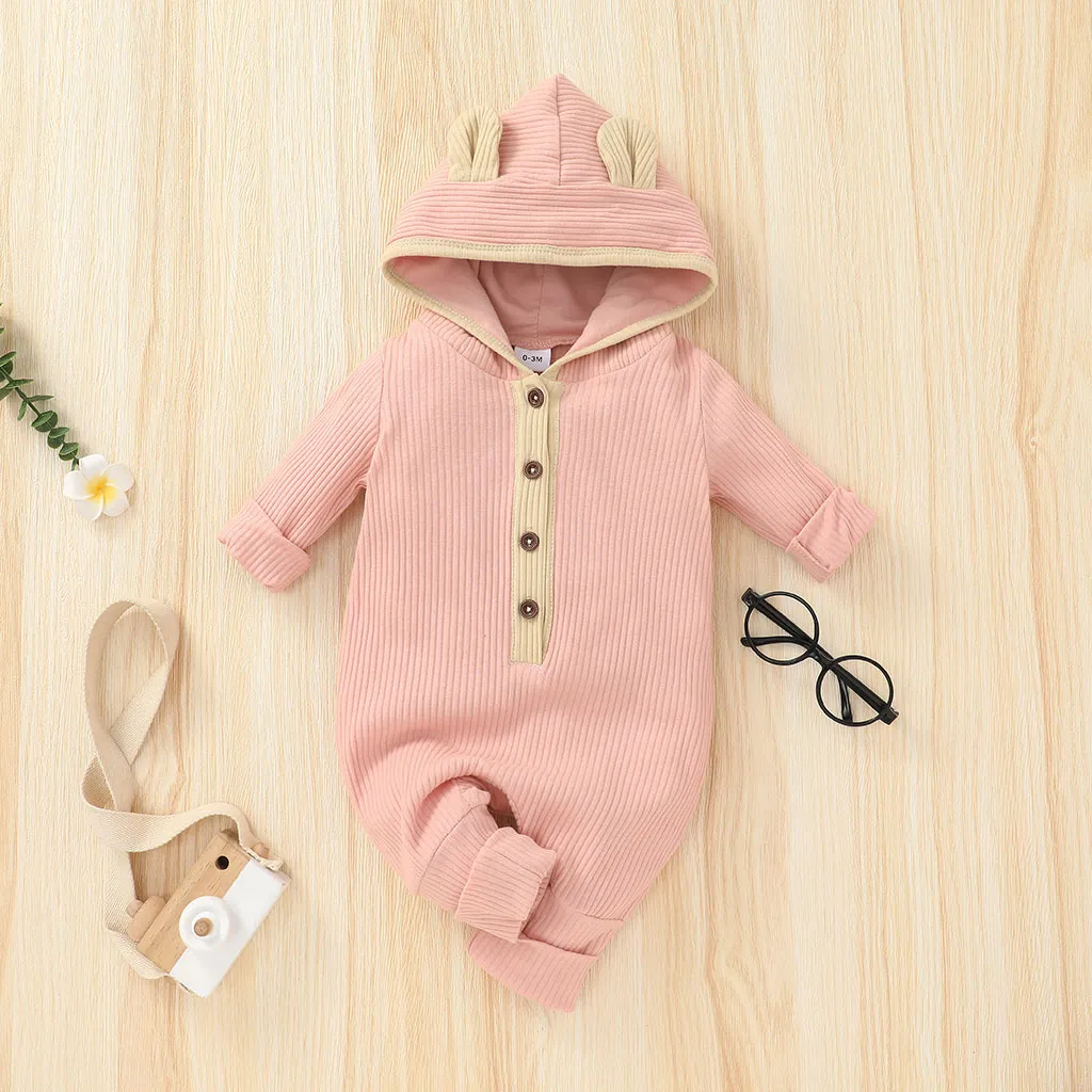 Ribbed Solid Hooded 3D Ear Long-sleeve Baby Jumpsuit Pink big image 1