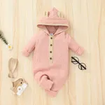 Ribbed Solid Hooded 3D Ear Long-sleeve Baby Jumpsuit Pink