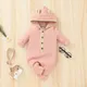 Ribbed Solid Hooded 3D Ear Long-sleeve Baby Jumpsuit Pink