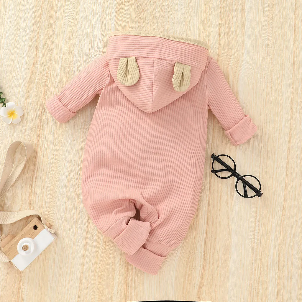 Ribbed Solid Hooded 3D Ear Long-sleeve Baby Jumpsuit Pink big image 1