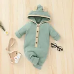Ribbed Solid Hooded 3D Ear Long-sleeve Baby Jumpsuit Green