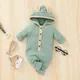 Ribbed Solid Hooded 3D Ear Long-sleeve Baby Jumpsuit Green