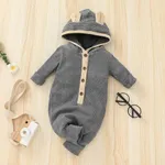 Ribbed Solid Hooded 3D Ear Long-sleeve Baby Jumpsuit Grey