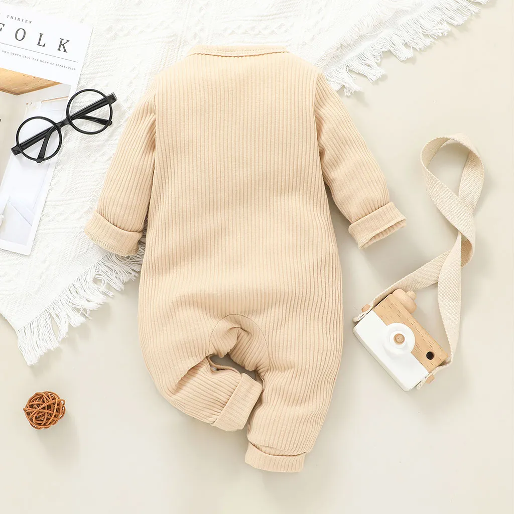 Baby Boy/Girl 95% Cotton Ribbed Long-sleeve Button Up Jumpsuit Apricot big image 1
