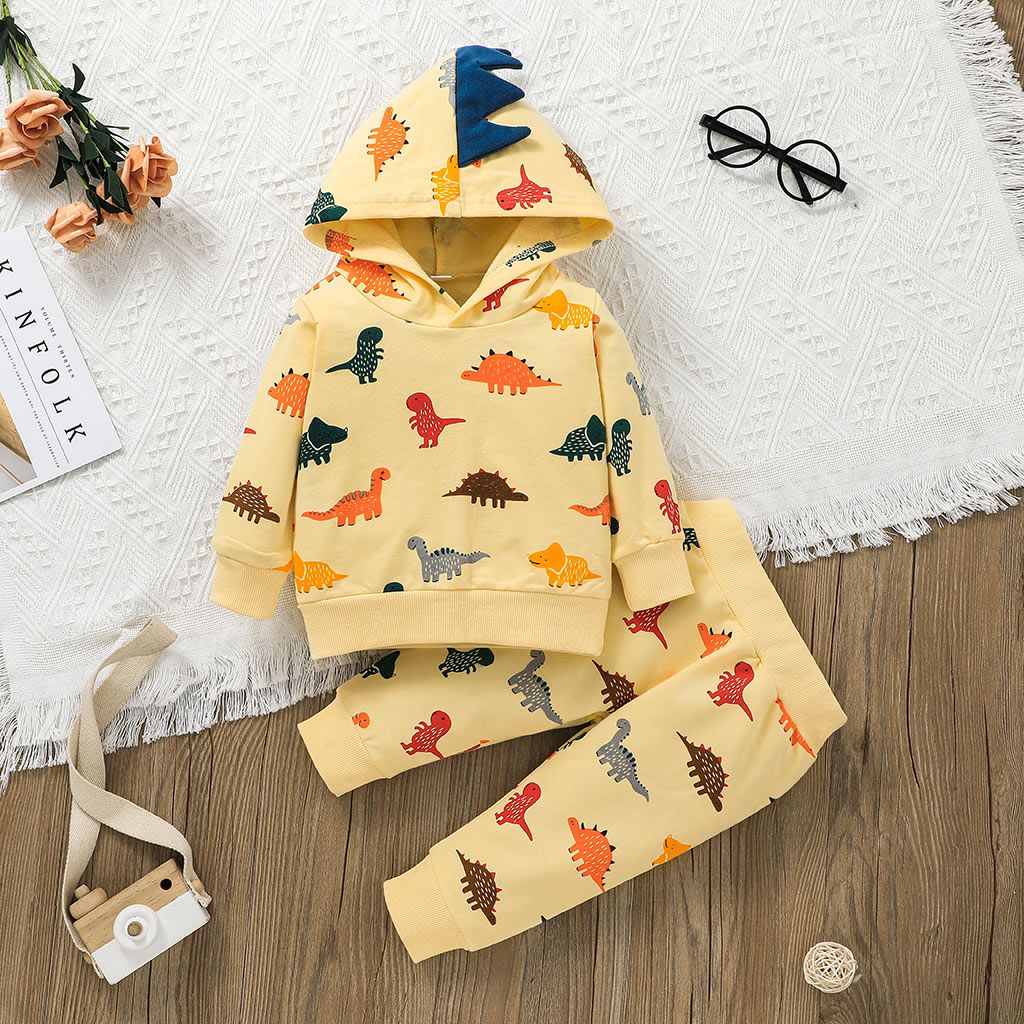 

100% Cotton 2pcs Dinosaur Allover Hooded Long-sleeve Grey Baby Set