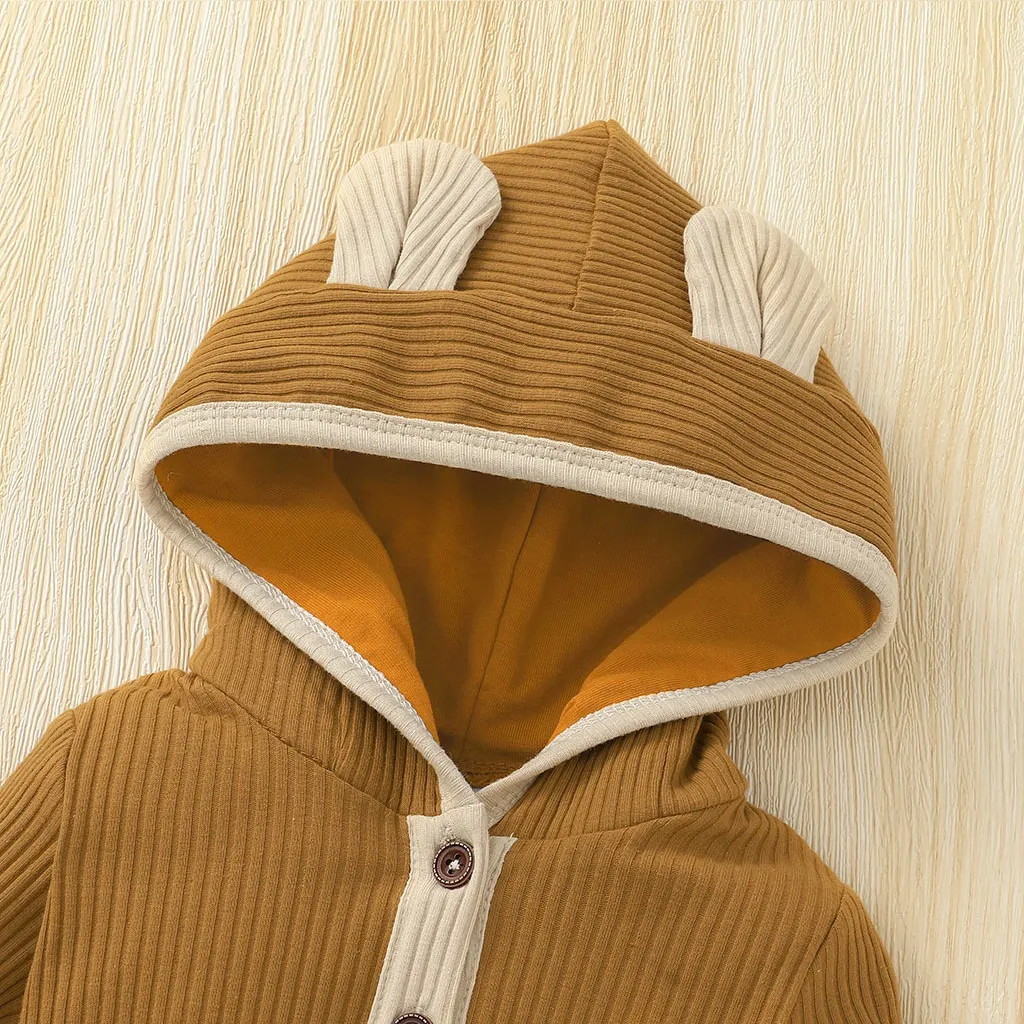 Ribbed Solid Hooded 3D Ear Long-sleeve Baby Jumpsuit Ginger big image 1