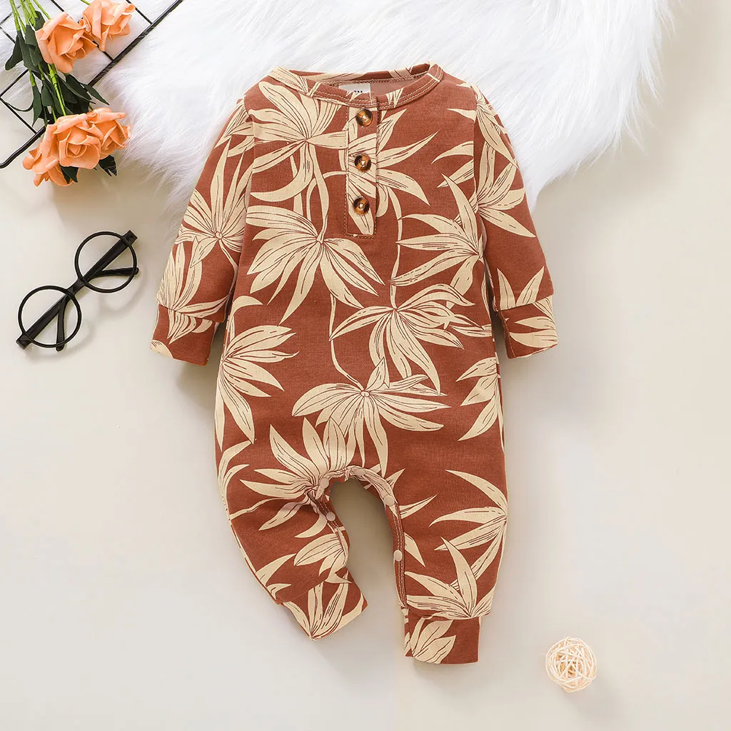 100% Cotton Graphic/Floral Print Baby Long-sleeve Jumpsuit bronzing big image 1