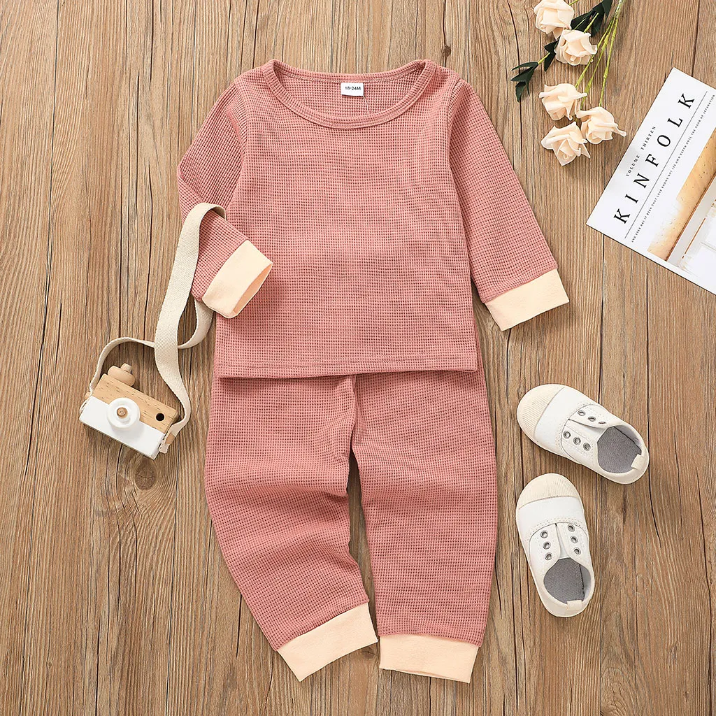 2-piece Toddler Girl/Boy Waffle Knit Long-sleeve Top and Elasticized Pants Casual Set Pink