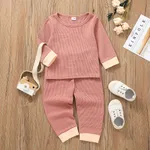2-piece Toddler Girl/Boy Waffle Knit Long-sleeve Top and Elasticized Pants Casual Set Pink