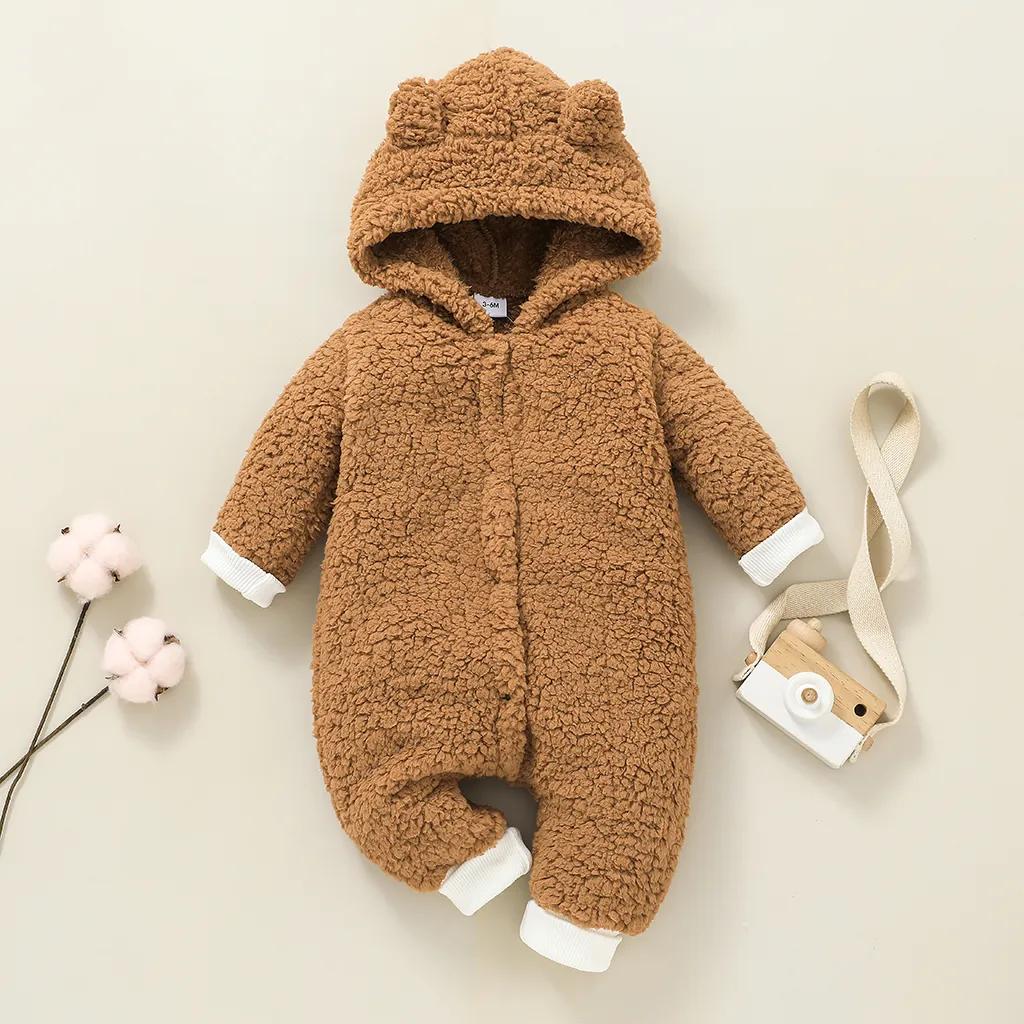 Baby Solid Thickened Fleece 3D Ears Hooded Long-sleeve Jumpsuit Snowsuit Khaki big image 1