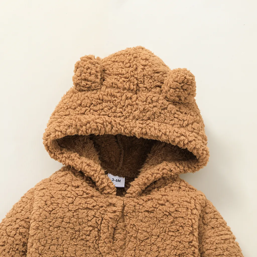 Baby Solid Thickened Fleece 3D Ears Hooded Long-sleeve Jumpsuit Snowsuit Khaki image 2