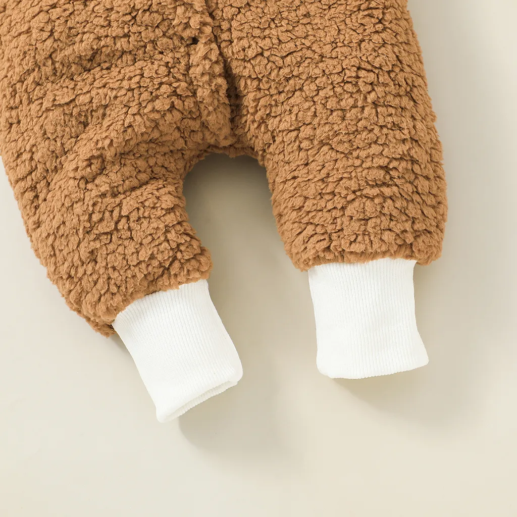 Baby Solid Thickened Fleece 3D Ears Hooded Long-sleeve Jumpsuit Snowsuit Khaki image 3