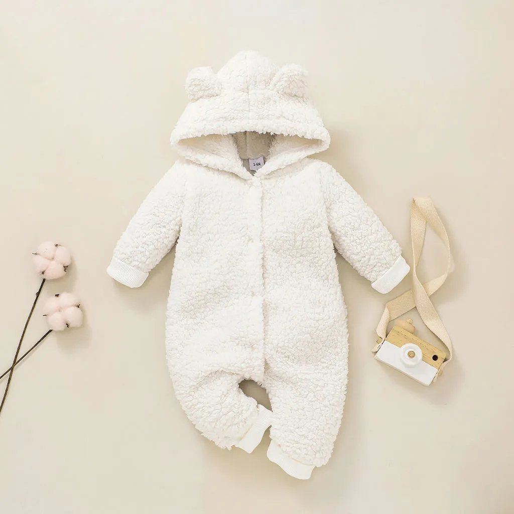 Baby Solid Thickened Fleece 3D Ears Hooded Long-sleeve Jumpsuit Snowsuit Apricot