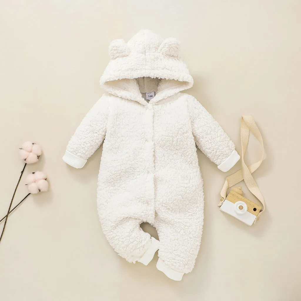 Baby Solid Thickened Fleece 3D Ears Hooded Long-sleeve Jumpsuit Snowsuit Apricot big image 1