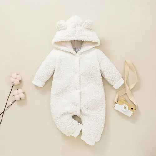 Baby Solid Thickened Fleece 3D Ears Hooded Long-sleeve Jumpsuit Snowsuit