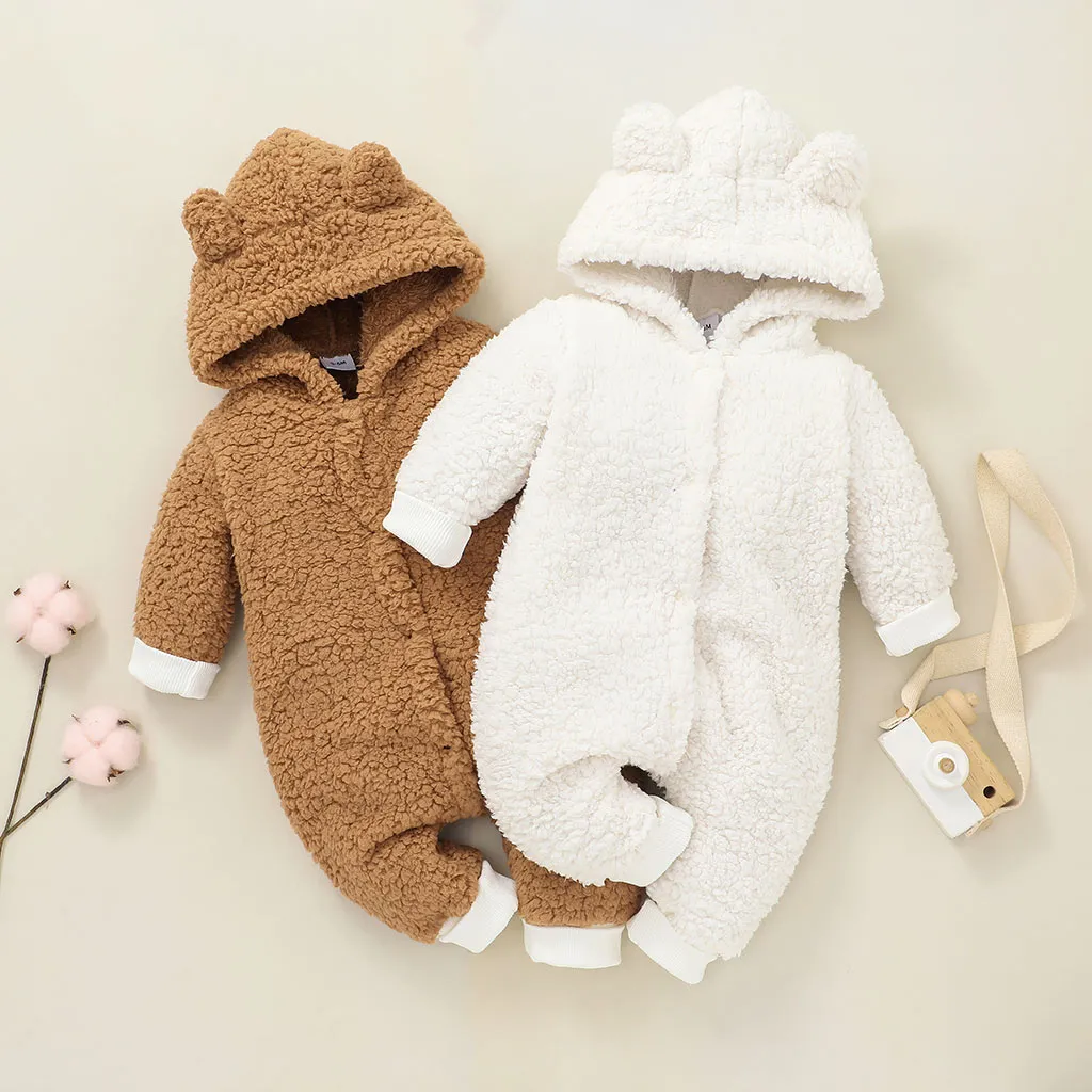 Baby Solid Thickened Fleece 3D Ears Hooded Long-sleeve Jumpsuit Snowsuit