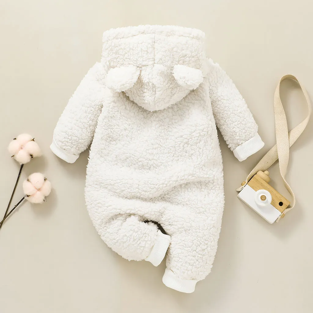 Baby Solid Thickened Fleece 3D Ears Hooded Long-sleeve Jumpsuit Snowsuit Apricot big image 1