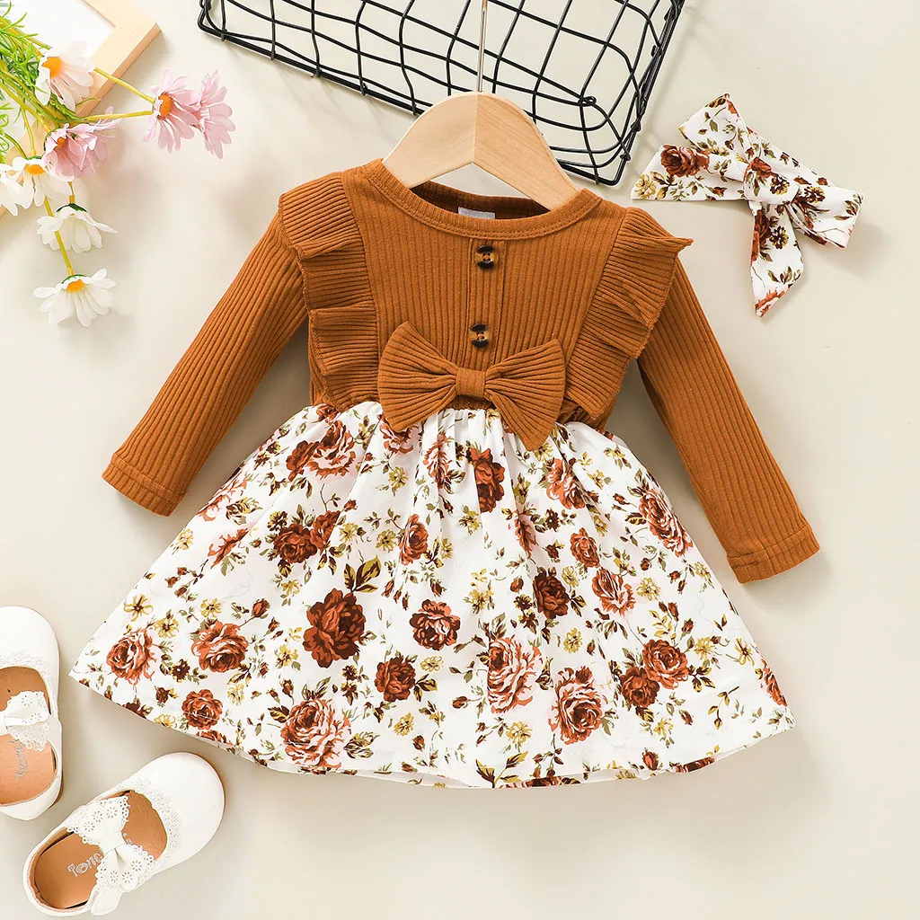 2pcs Baby 95% Cotton Ribbed Long-sleeve Ruffle Bowknot Splicing Floral Print Dress with Headband Set Ginger big image 1