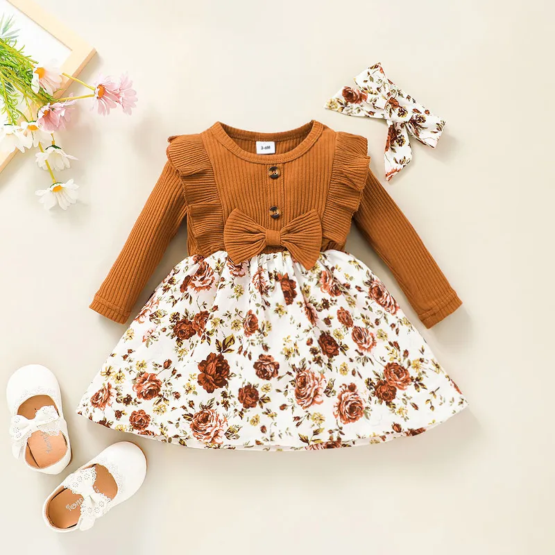 2pcs Baby 95% Cotton Ribbed Long-sleeve Ruffle Bowknot Splicing Floral Print Dress with Headband Set Ginger image 3