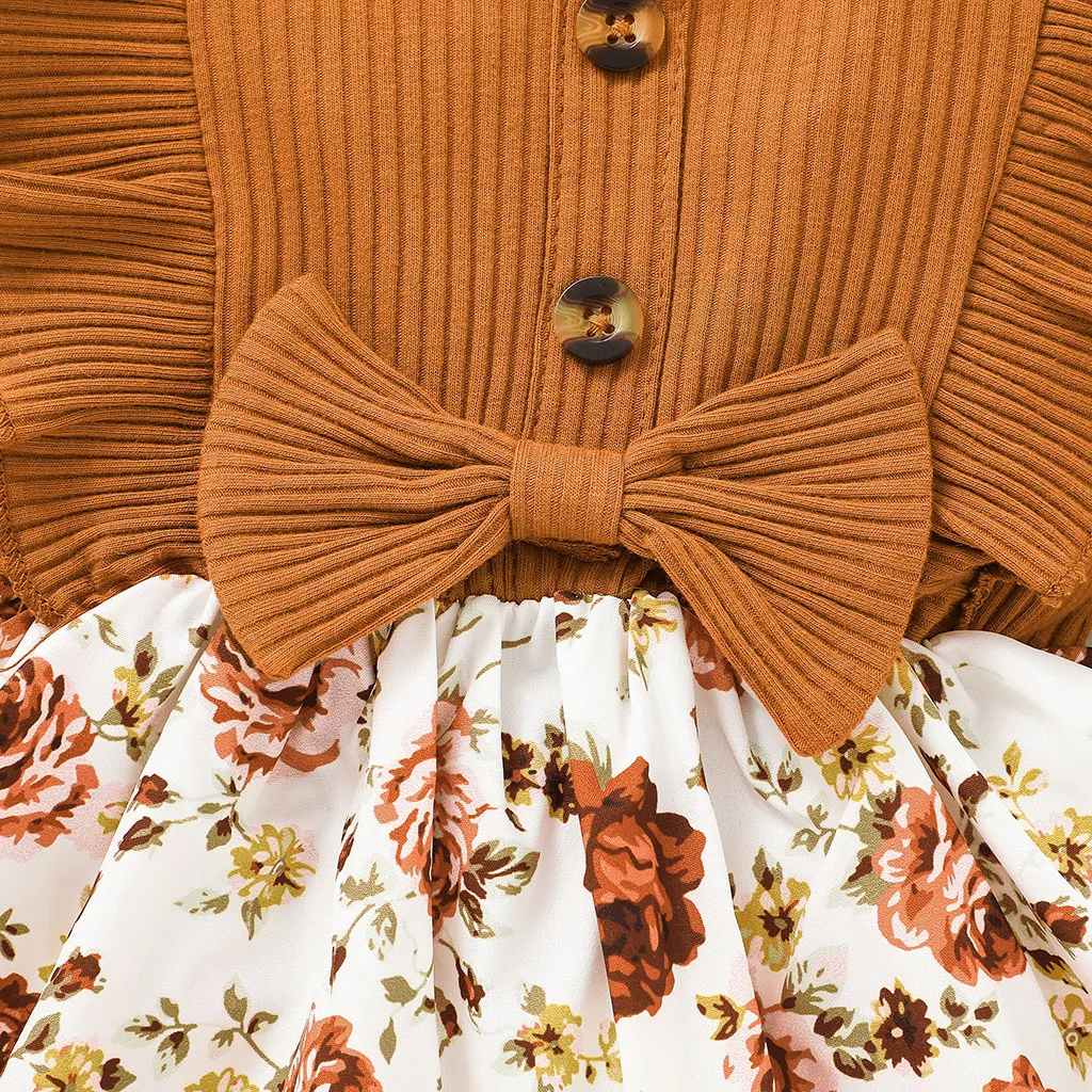 2pcs Baby 95% Cotton Ribbed Long-sleeve Ruffle Bowknot Splicing Floral Print Dress with Headband Set Ginger image 5