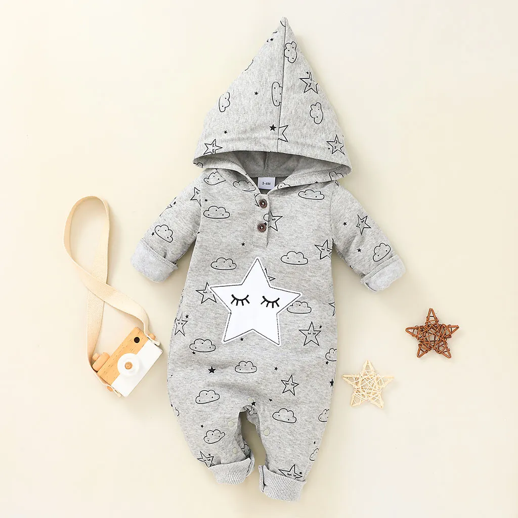 Baby Girl Moon Stars Print Button Design Hooded Long-sleeve Jumpsuit  big image 1
