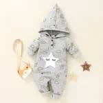 Baby Girl Moon Stars Print Button Design Hooded Long-sleeve Jumpsuit Grey