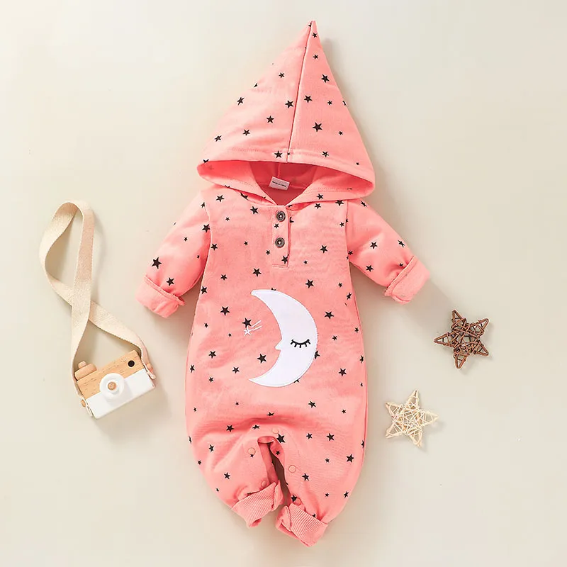 Baby Girl Moon Stars Print Button Design Hooded Long-sleeve Jumpsuit Pink